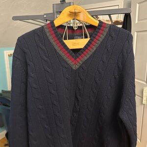 Brooks Brothers Navy V-Neck Sweater with Red and Gray Trim